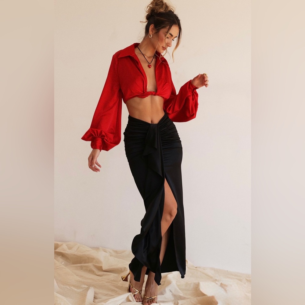 House of CB ARLA Black Draped Silk Maxi Skirt